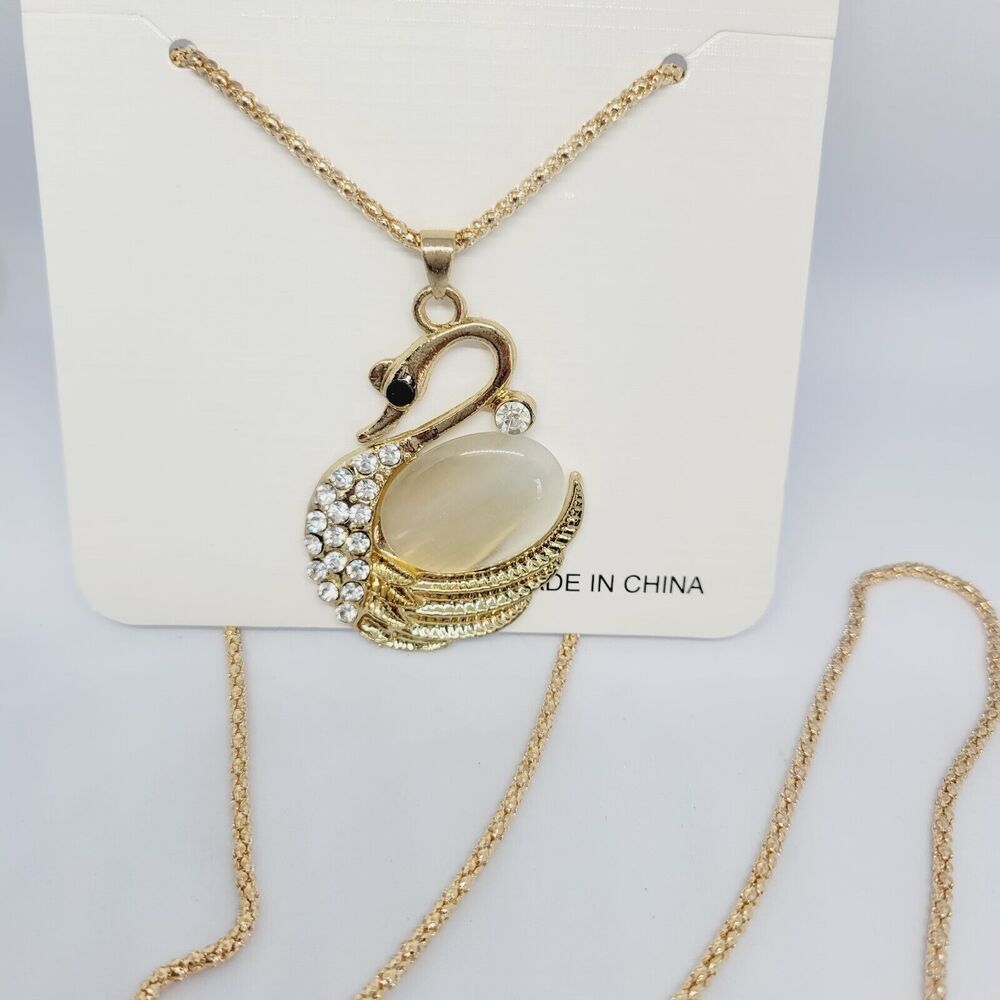 Bijoux by Meera Goldtone SWAN Pendant Necklace with clear rhinestones
